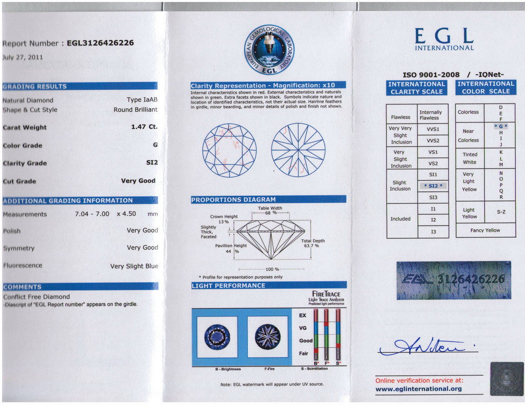 1.47ct G-SI2 Diamond Engagement Ring  Round Diamond Wedding Gift 14kt EGL certified JEWELFORME BLUE