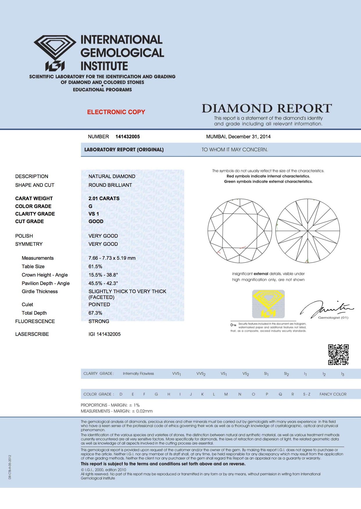 2.01ct G-VS1 Loose  Round Diamond JEWELFORME BLUE 900,000 GIA IGI certified Diamonds