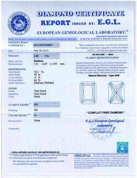 2.02ct Radiant diamond H-SI1 EGL certified loose diamond Engagement ...