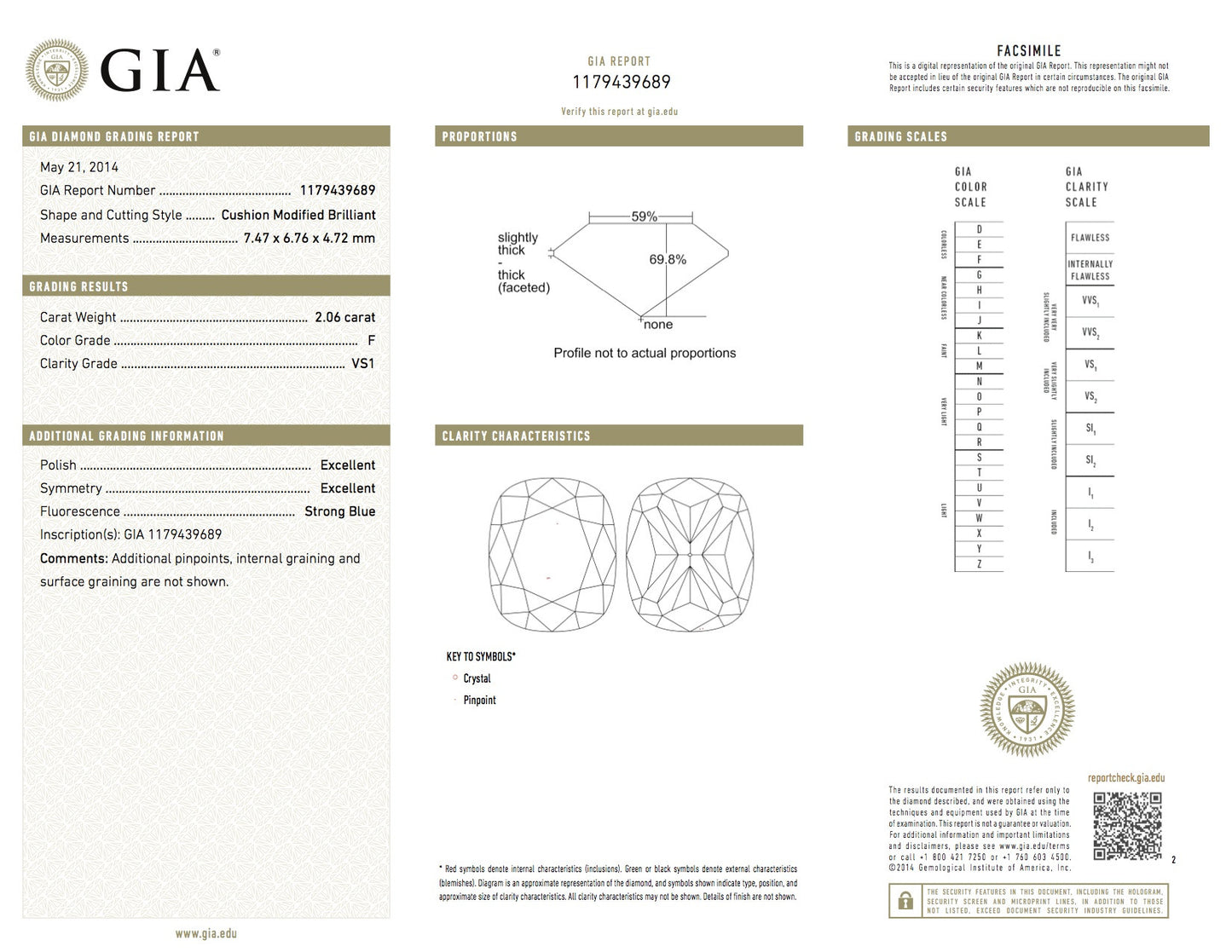 2.06ct F-VS1 Cushion Diamond Loose Diamond GIA certified JEWELFORME BLUE 10% less than Blue Nile