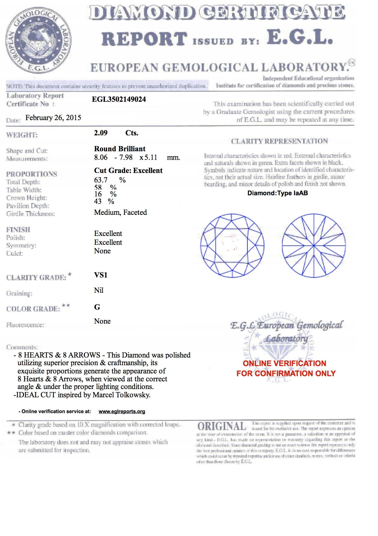 2.09ct G-VS1 Loose  Round Diamond JEWELFORME BLUE 900,000 GIA EGL certified Diamonds