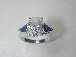4.12ct Oval Diamond Engagement Ring 18kt White Gold and Pear shape Sapphires JEWELFORME BLUE