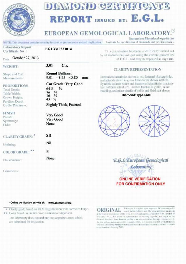 3.01ct E-SI1 Loose Diamond Round Diamond JEWELFORME BLUE EGL  certified