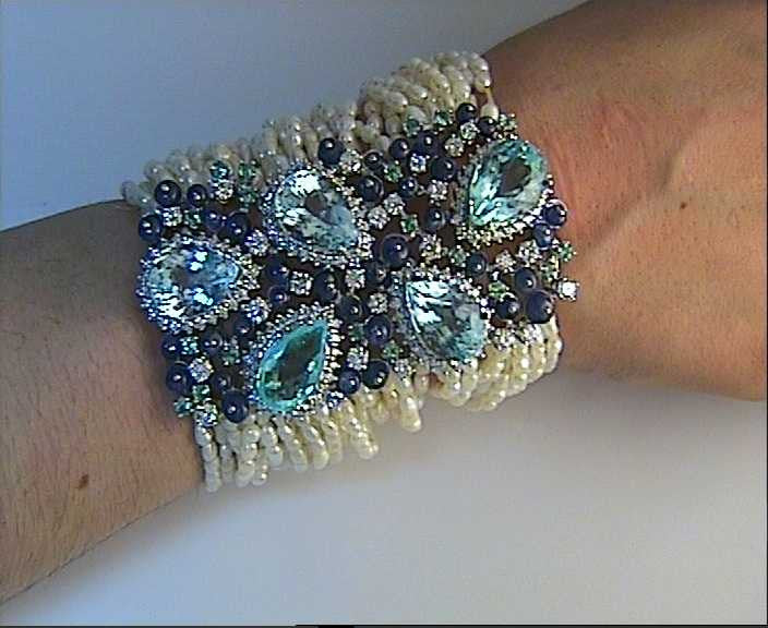 46.00ct Diamond Bracelet Paraiba Tourmaline Sapphire & Pearls Round Diamonds 18kt White Gold