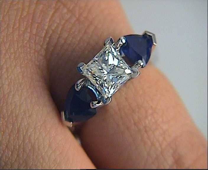 3.04ct Princess Cut Diamond and Sapphire Engagement Ring 18kt white gold JEWELFORME BLUE