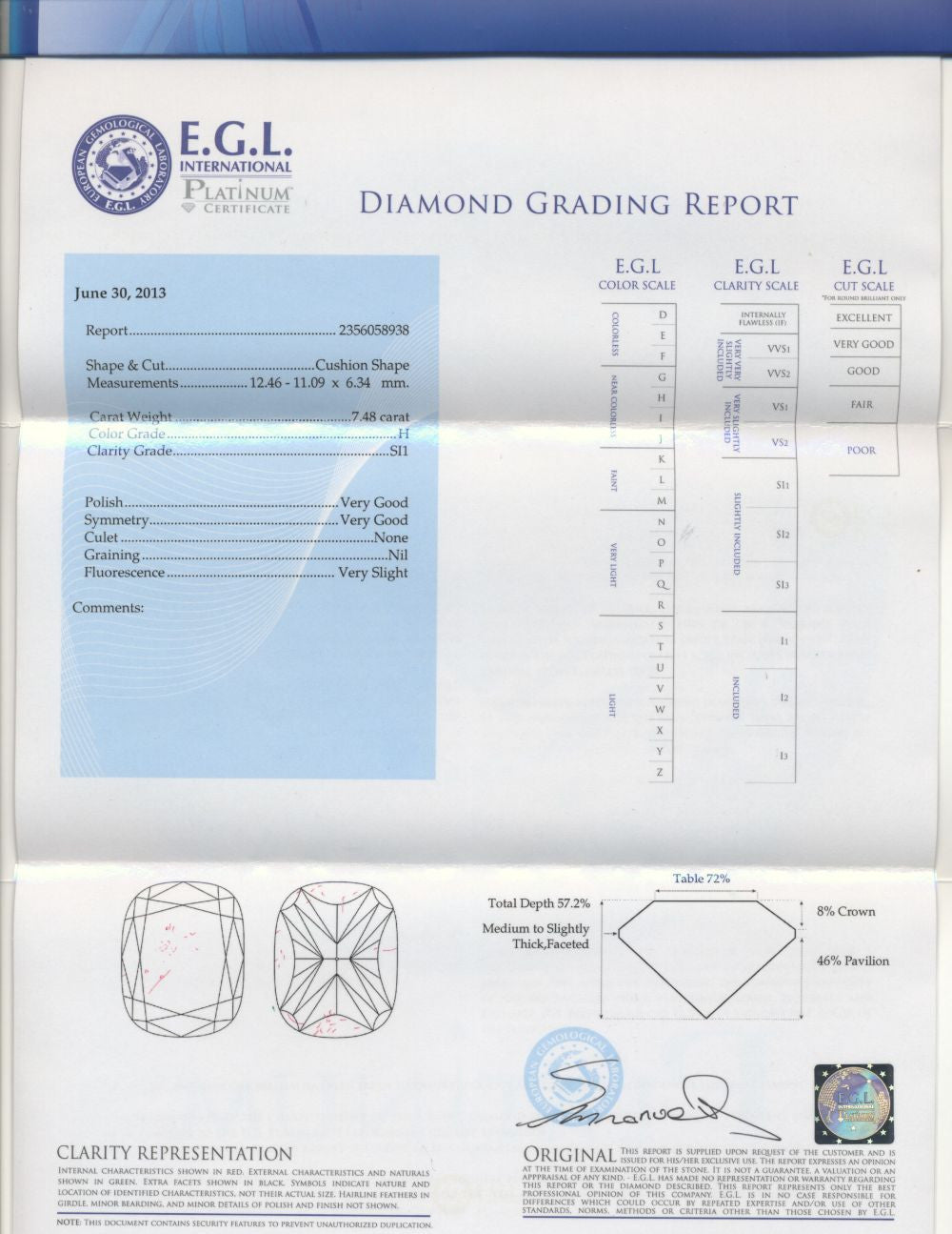 7.48ct H-SI1 EGL certified Cushion loose Diamond Any Size Any Shape JEWELFORME BLUE