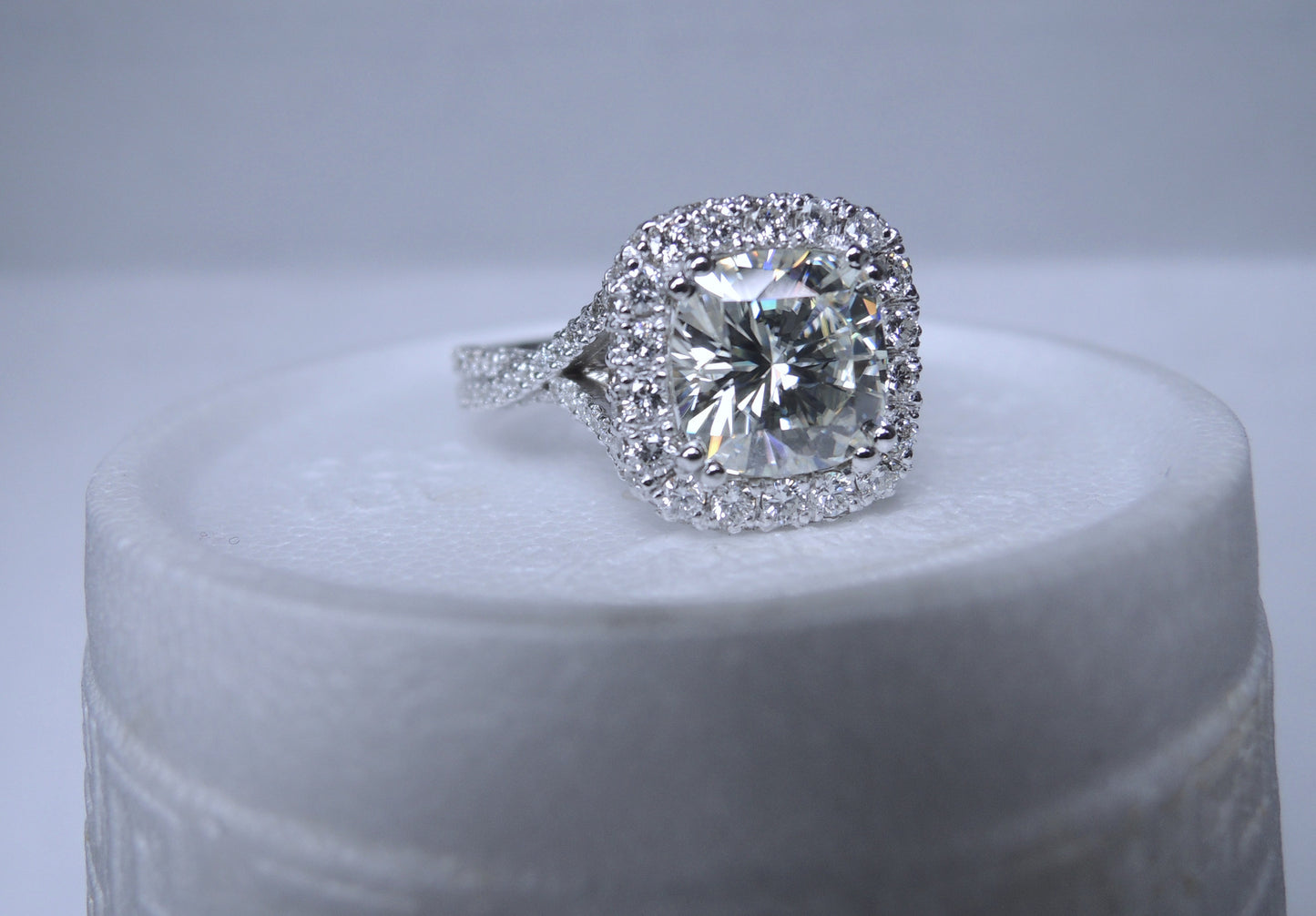 6.28ct Cushion Moissanite & Diamond Engagement Ring 18kt JEWELFORME BLUE