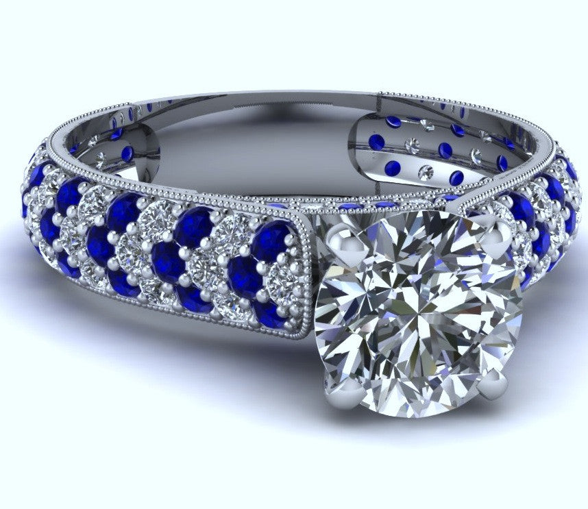 1.92ct Round Diamond and Sapphire Engagement Ring 18kt White Gold JEWELFORME BLUE