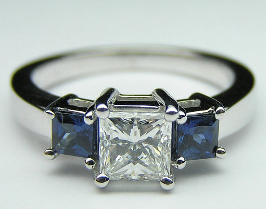 2.60ct Princess Diamond and Sapphire Engagement Ring 18kt White Gold JEWELFORME BLUE