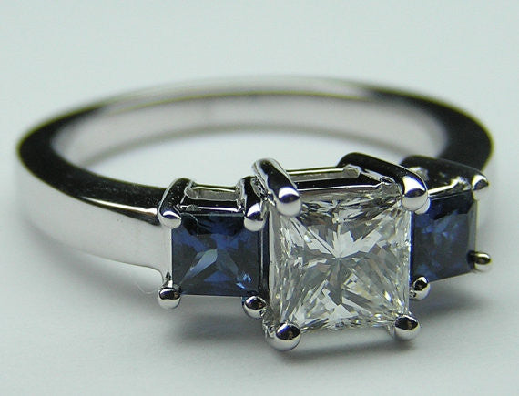 2.62ct Princess Diamond and Sapphire Engagement Ring 18kt White Gold JEWELFORME BLUE