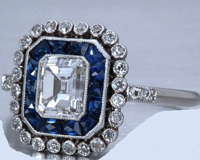 3.72ct Emerald Diamond Engagement Ring Art Deco Sapphire Halo 18kt JEWELFORME BLUE