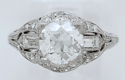 3.24ct Art Deco Moissanite and Round Diamond Engagement Ring Platinum  JEWELFORME BLUE