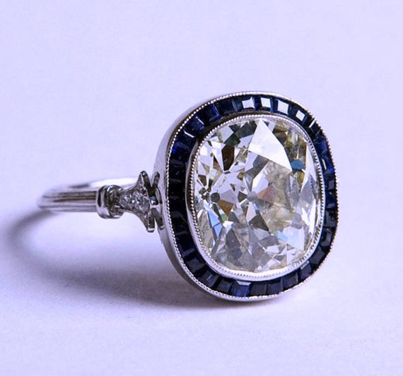 4.30ct Cushion Moissanite Diamond Engagement Ring Art Deco Sapphire Halo 18kt JEWELFORME BLUE