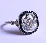 3.95ct Cushion Moissanite Diamond Engagement Ring Art Deco Sapphire Halo 18kt JEWELFORME BLUE