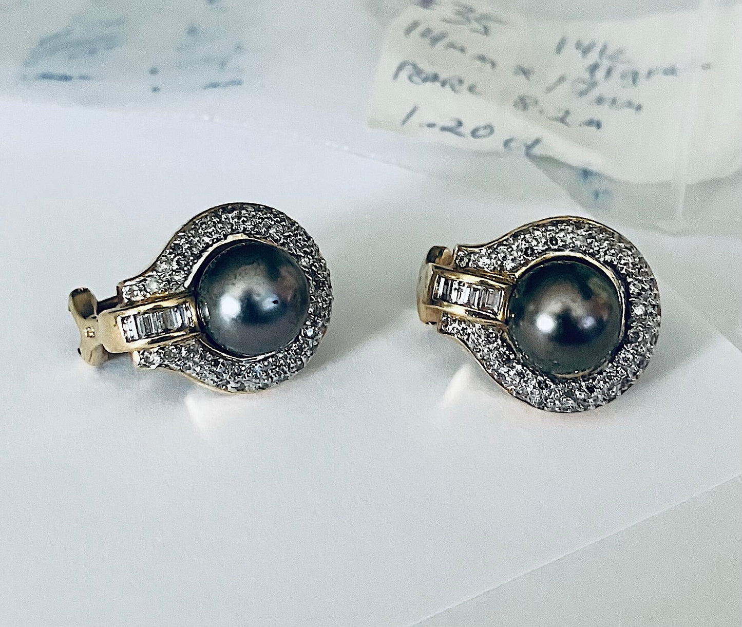 Natural Black Pearls 1.19ct South Sea Round Cut Diamond Earrings 14kt Yellow Gold