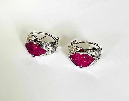 18kt 4.61ct Ruby Diamond Earrings Square Genuine Rubies and Diamonds Invisible setting