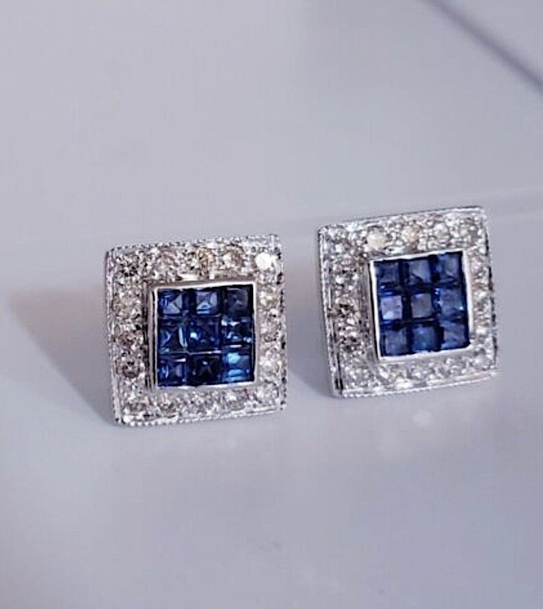 18kt 2.05ct Sapphire Diamond Earrings Square Genuine Sapphires Invisible setting