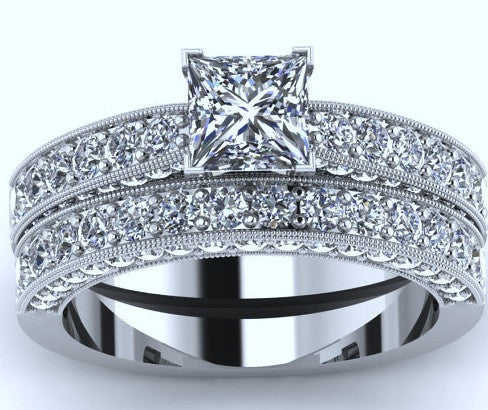 2.01ct Princess Diamond Engagement & Wedding Ring Set 18kt White Gold JEWELFORME BLUE