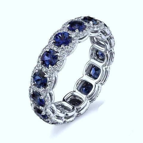 4.40ct Round Sapphire Diamond  Halo Eternity Ring Wedding Band 18kt White Gold JEWELFORME BLUE